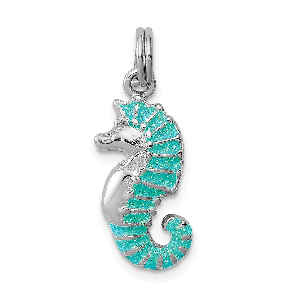 Sterling Silver Rhodium-plated Green Glitter Enamel Seahorse Charm