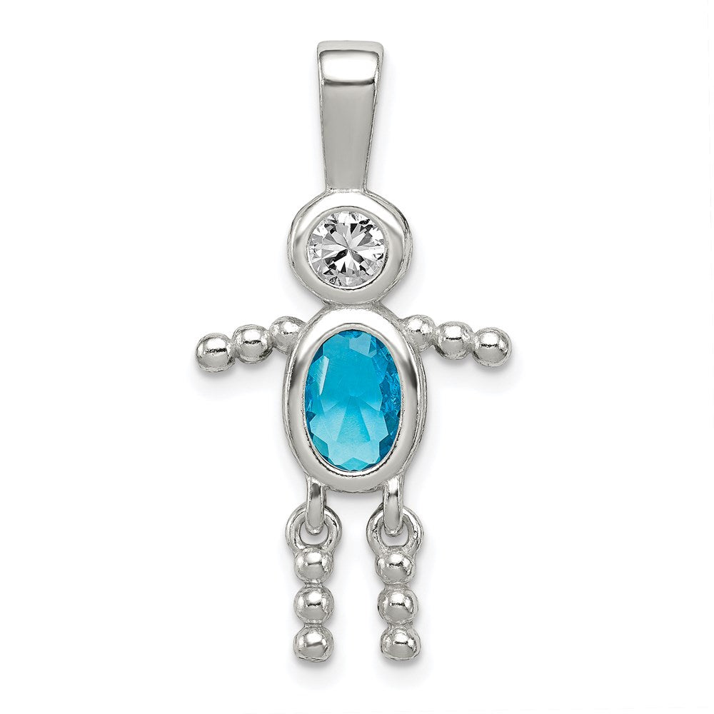 Sterling Silver Rhodium-plated CZ & December Glass Boy Pendant