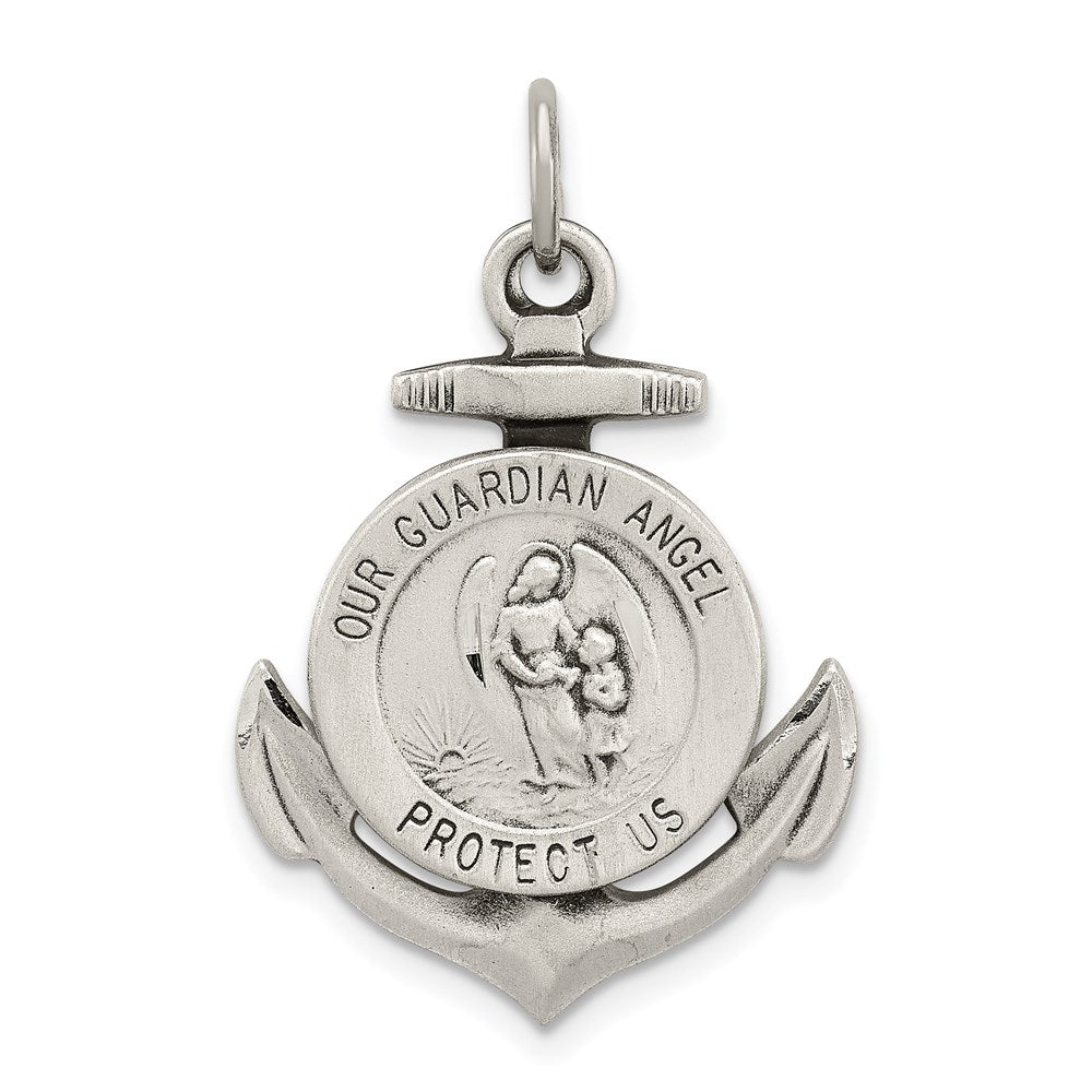 Sterling Silver Antiqued Guardian Angel on Anchor Medal Pendant