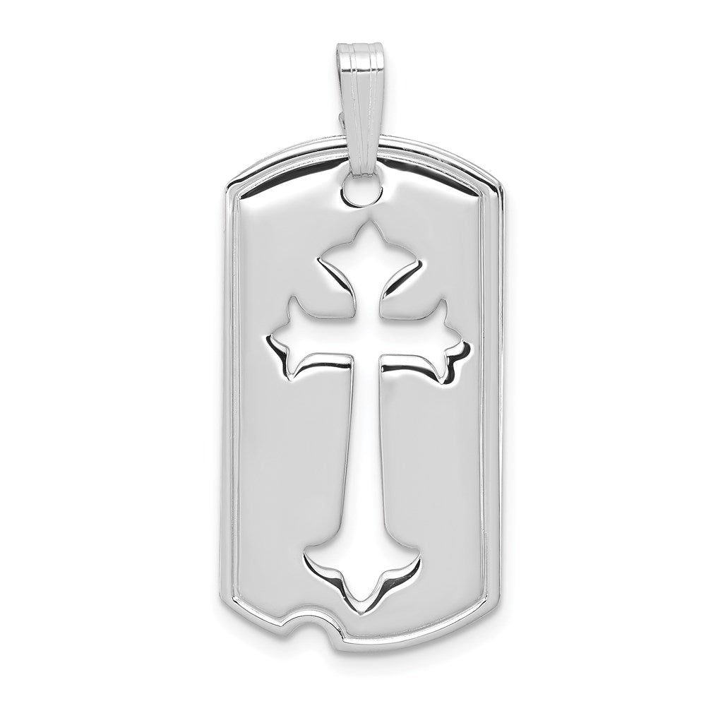 Sterling Silver Platinum-plated Polished Dog Tag with Cut-out Cross Pendant