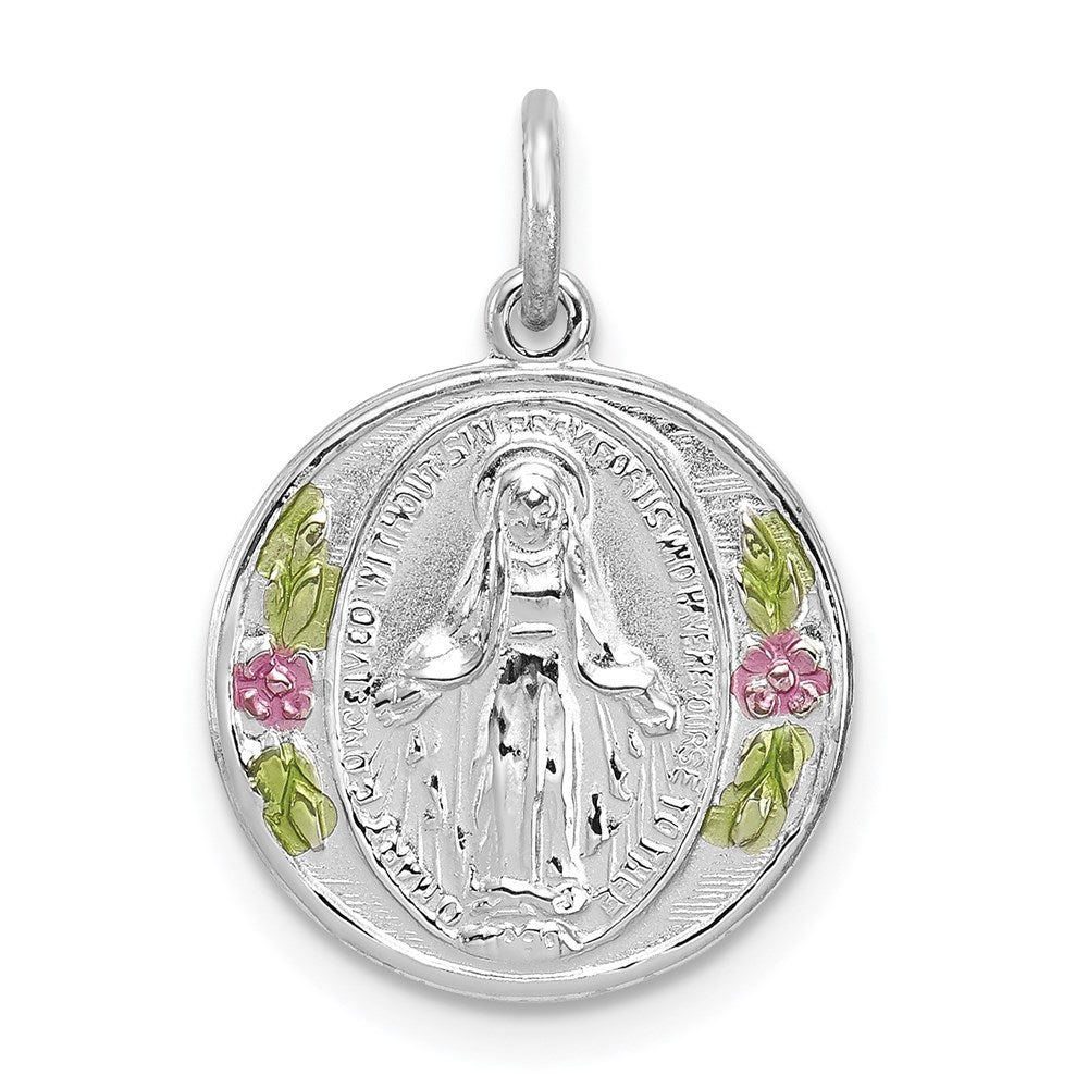 Sterling Silver Rhodium-plated Polished Epoxy Miraculous Medal Pendant