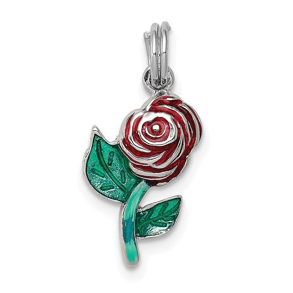 Sterling Silver Rhodium-plated Green and Red Enamel Rose Charm