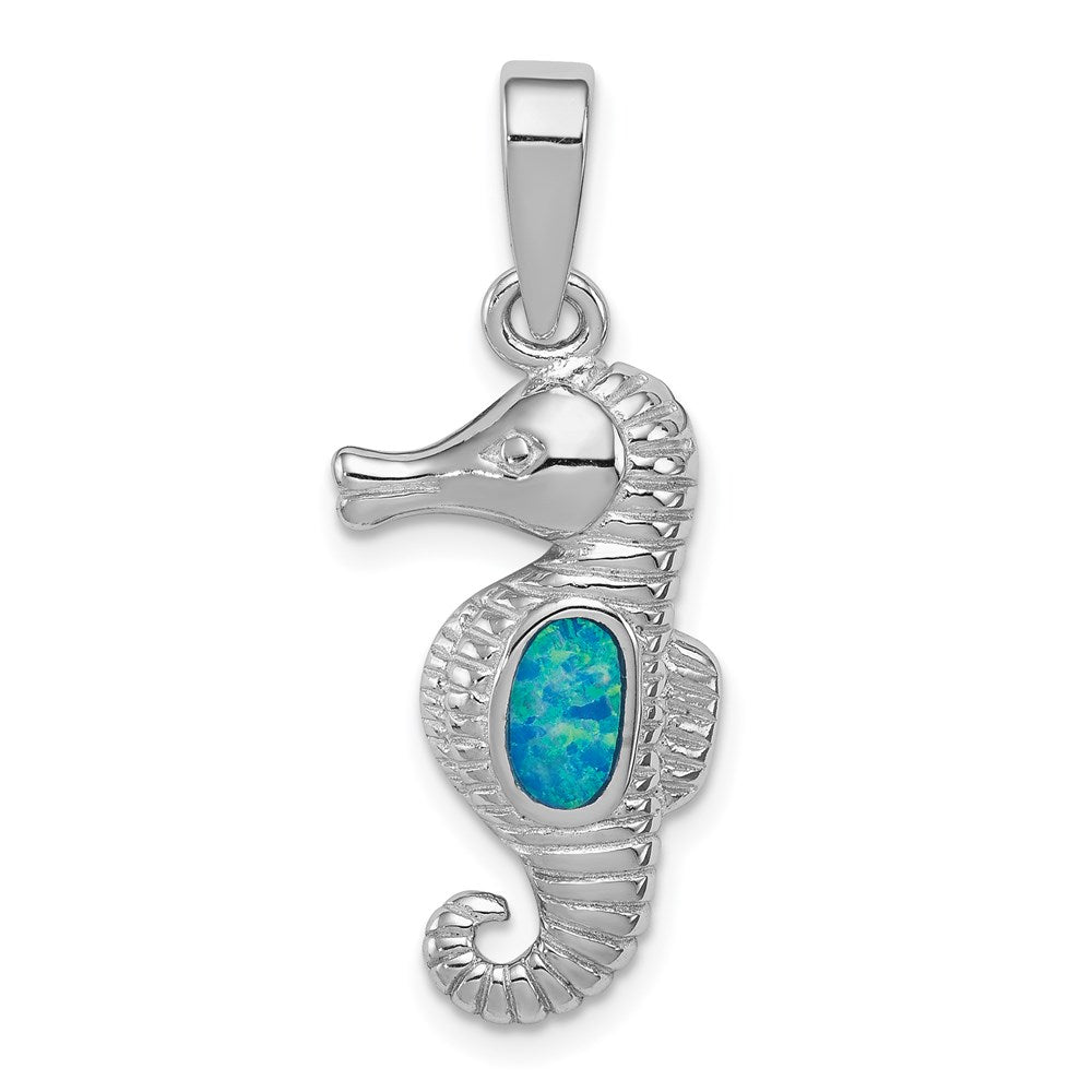 Sterling Silver Rhod-plated Created Opal Seahorse Pendant