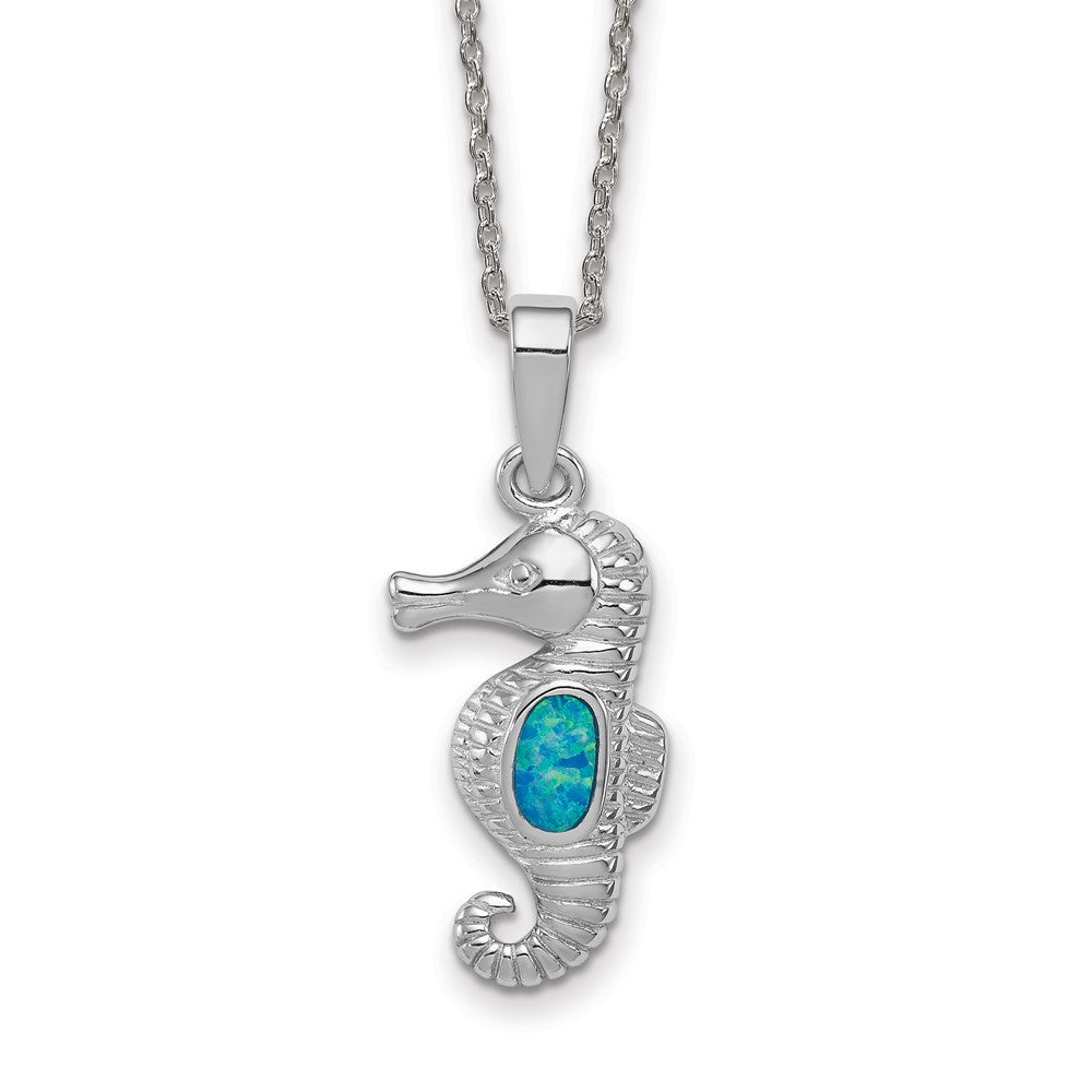 Sterling Silver Rhod-plated Created Opal Seahorse Necklace