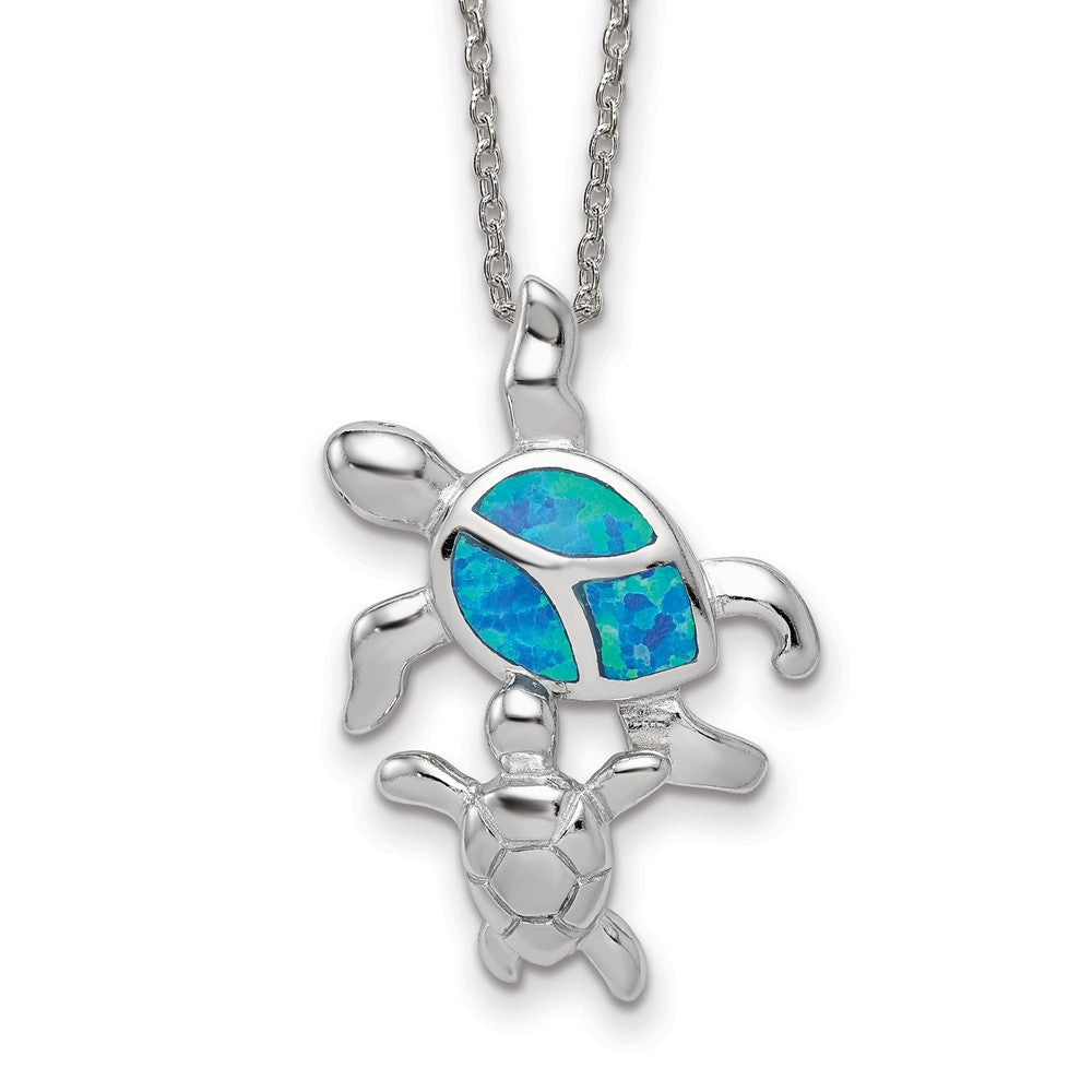 Sterling Silver Rhodium-plated Blue Inlay Created Opal Turtle Necklace