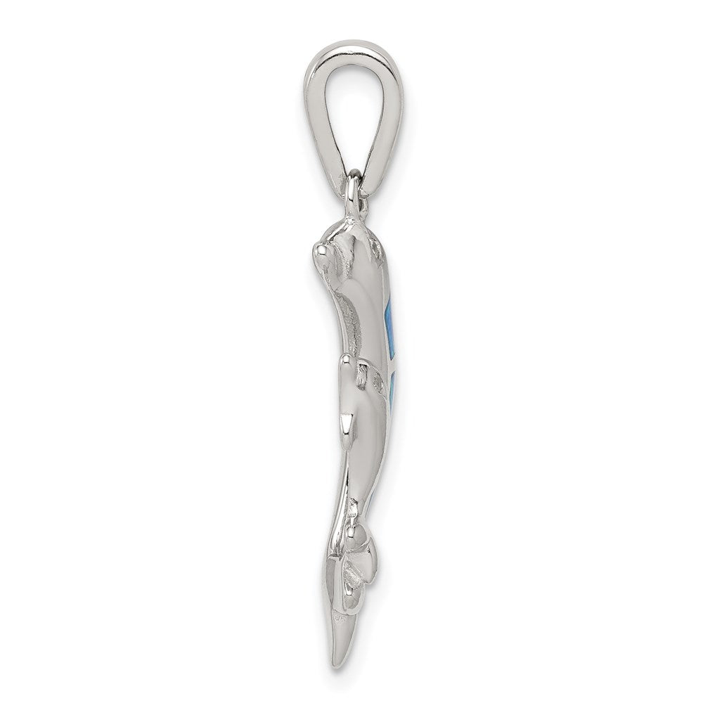 Sterling Silver Rhodium-plated Blue Inlay Created Opal Dolphin Pendant