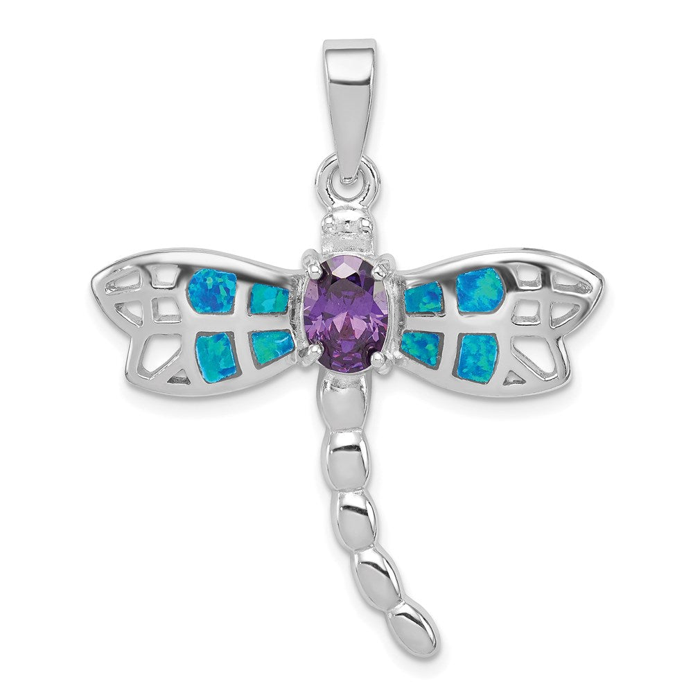 Sterling Silver Rhodium-plated Created Opal Dragonfly Amethyst Pendant