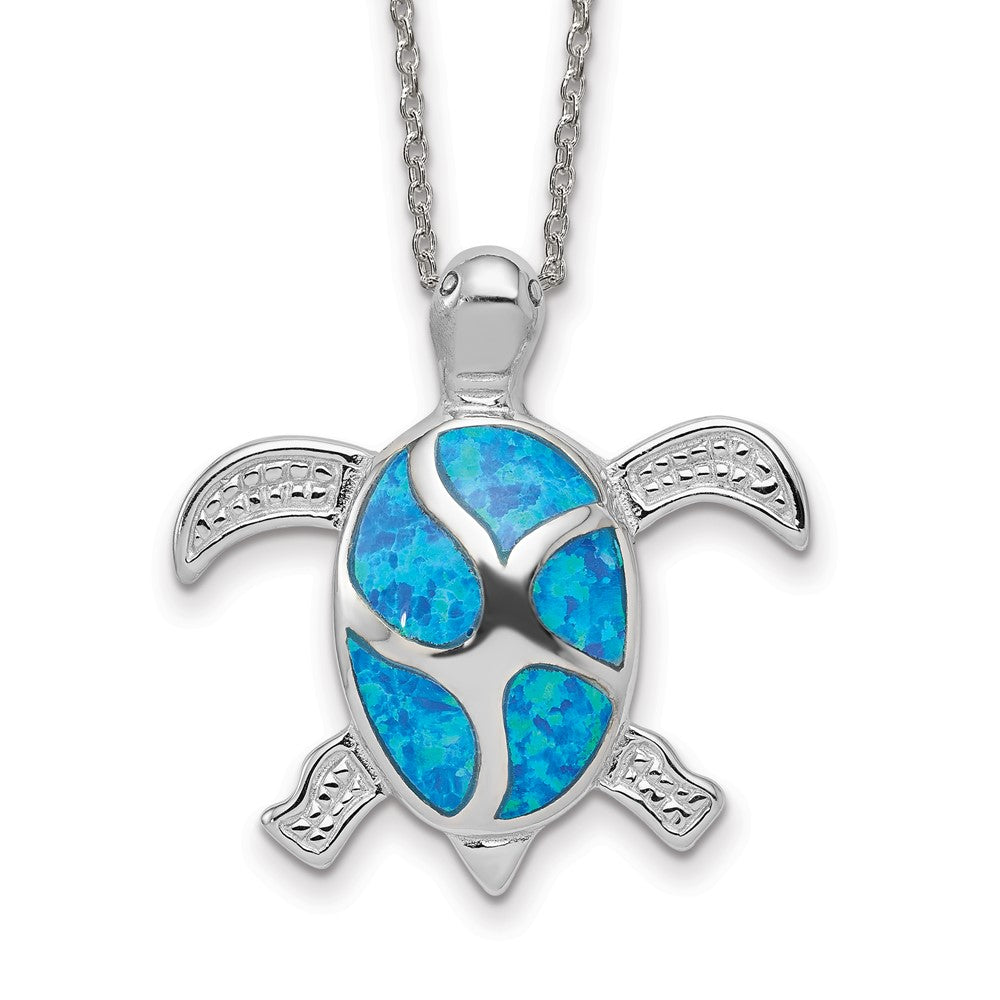 Sterling Silver Blue Inlay Created Opal Turtle Necklace