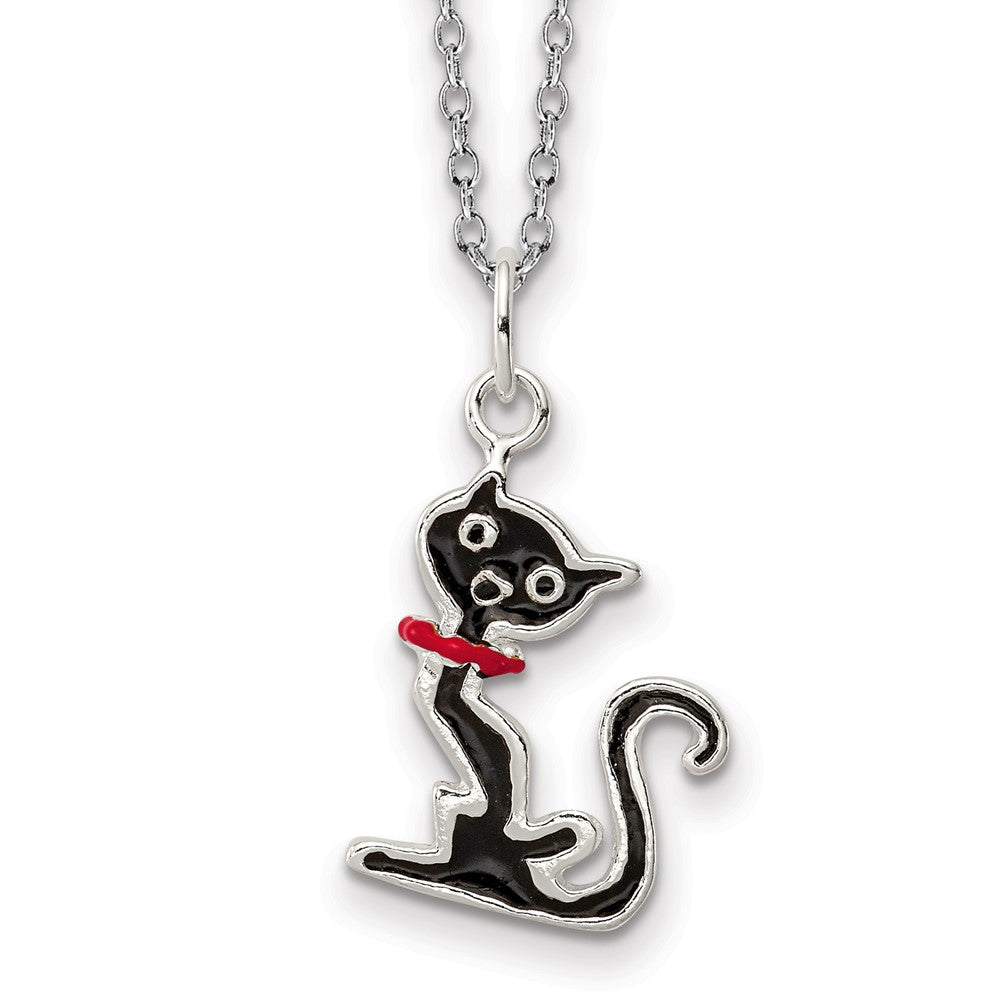 Sterling Silver Black Enameled Cat Necklace