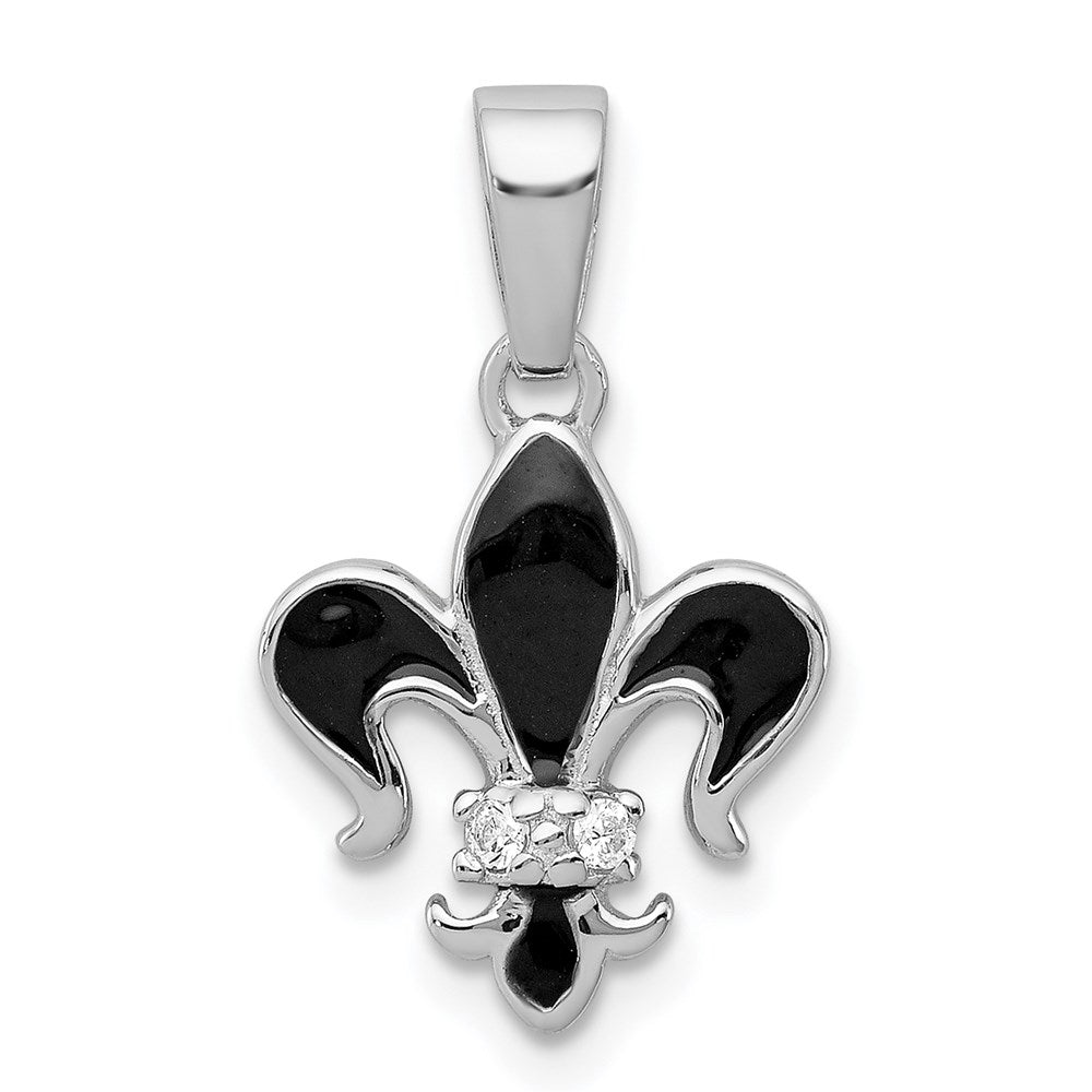 Sterling Silver Rhodium Plated Black Enamel Fleur de lis Pendant