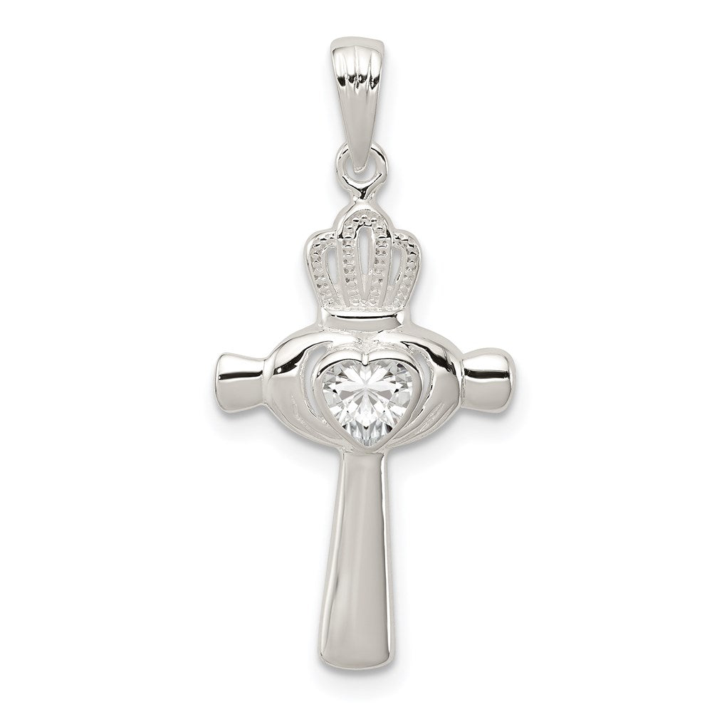 Sterling Silver CZ Heart Claddagh Cross Pendant