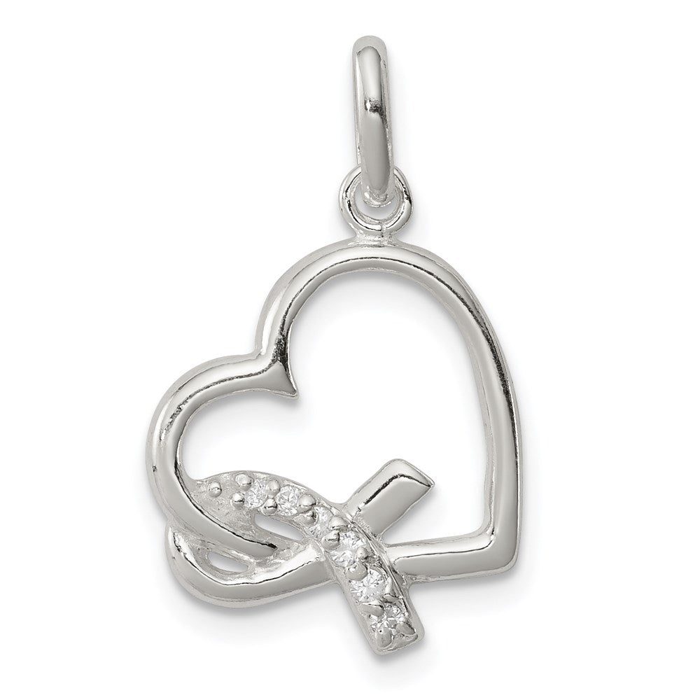 Sterling Silver Polished Heart w/ Awareness Ribbon CZ Charm