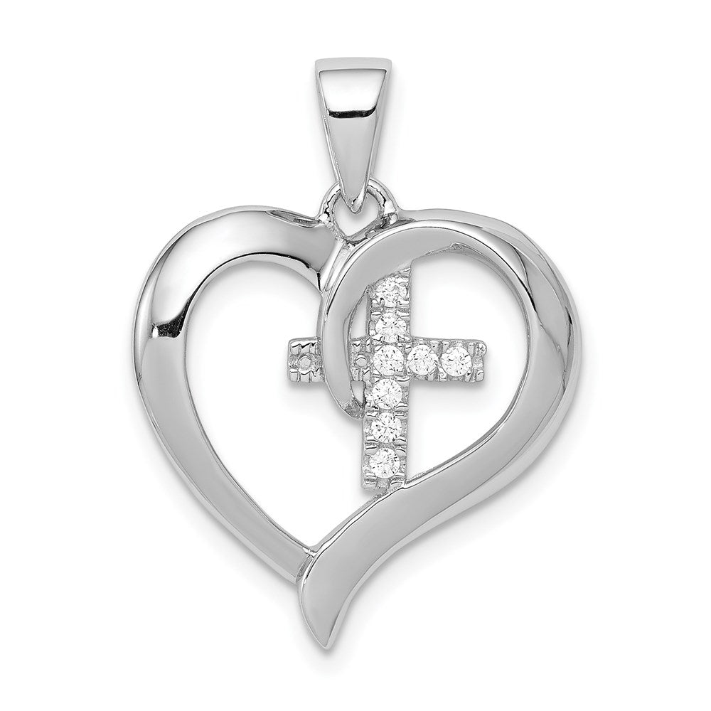 Sterling Silver Rhodium-plated Polished Heart with CZ Cross Pendant