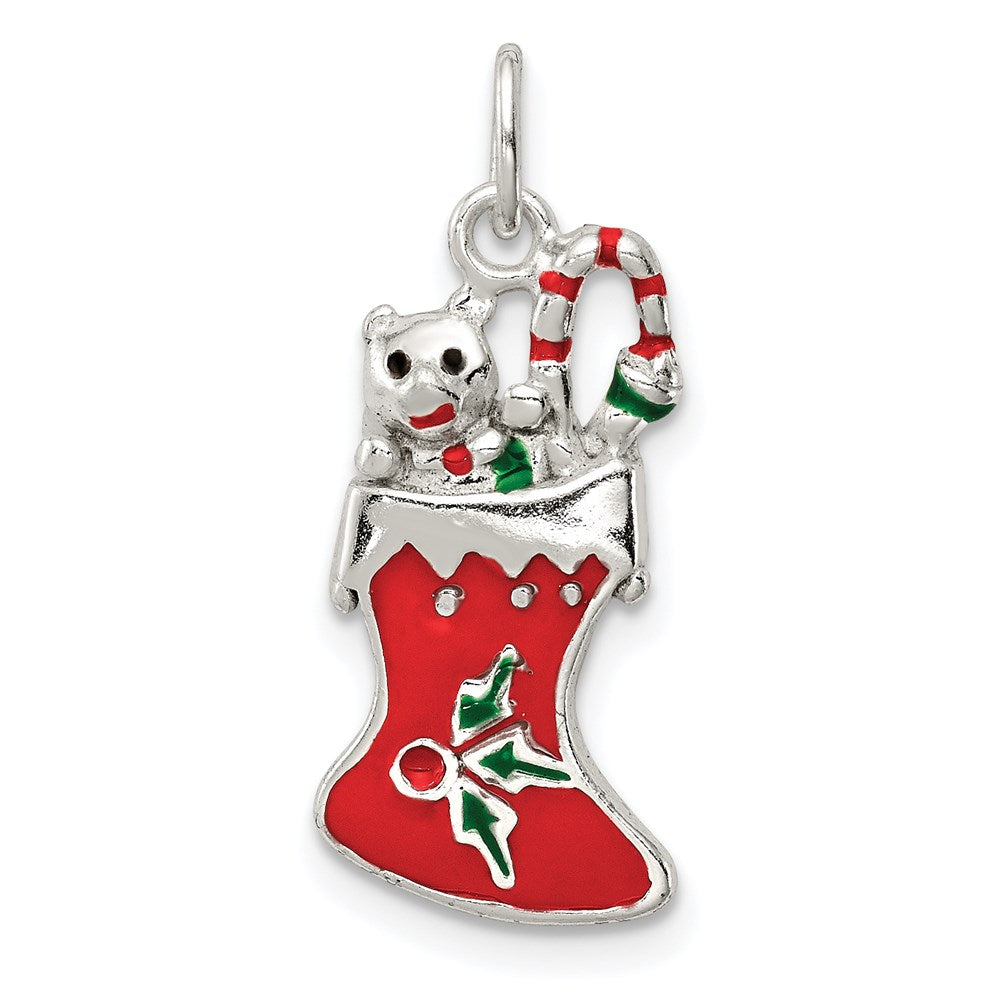 Sterling Silver Polished Enamel Christmas Stocking Pendant