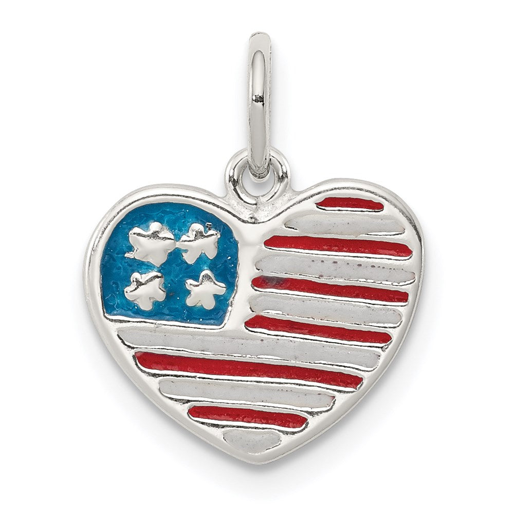 Sterling Silver Polished Enamel American Flag Heart Pendant