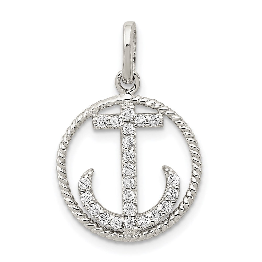 Sterling Silver Rhodium-plated Polished CZ Anchor Pendant