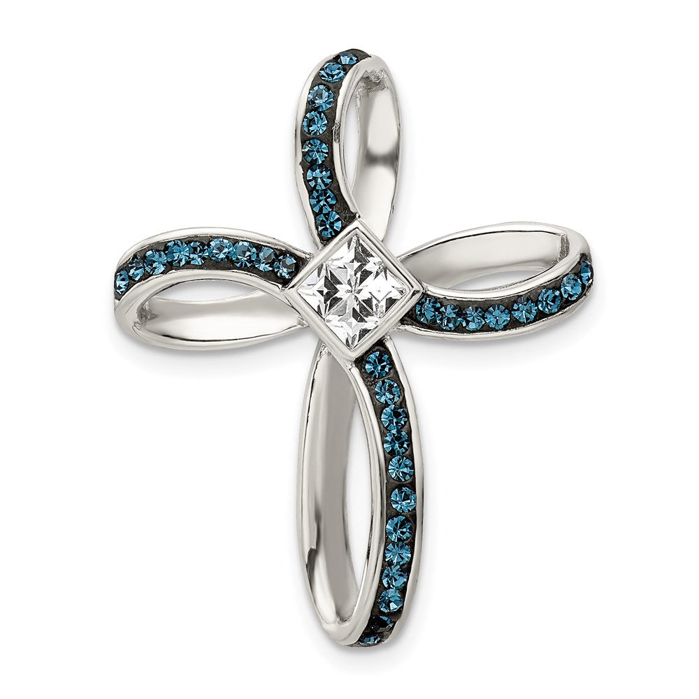 Sterling Silver Rhodium-plated Blue/White Crystal Cross Slide