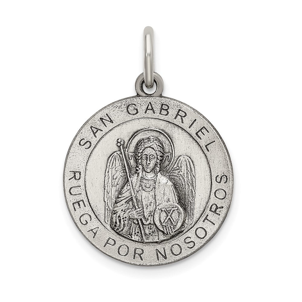 Sterling Silver Satin Antiqued Spanish St. Gabriel Medal Pendant