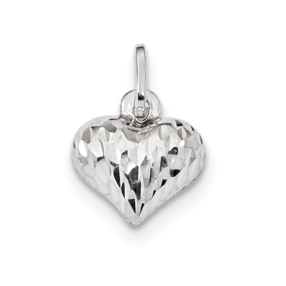 Sterling Silver Rhodium Plated Polished Diamond Cut Puffed Heart Charm