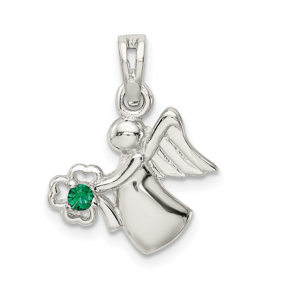 Sterling Silver Rhodium-plated Green Clover Crystal Angel Pendant