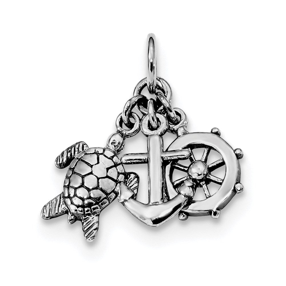 Sterling Silver Rhodium-plated Antiqued Turtle, Anchor & Wheel Charm