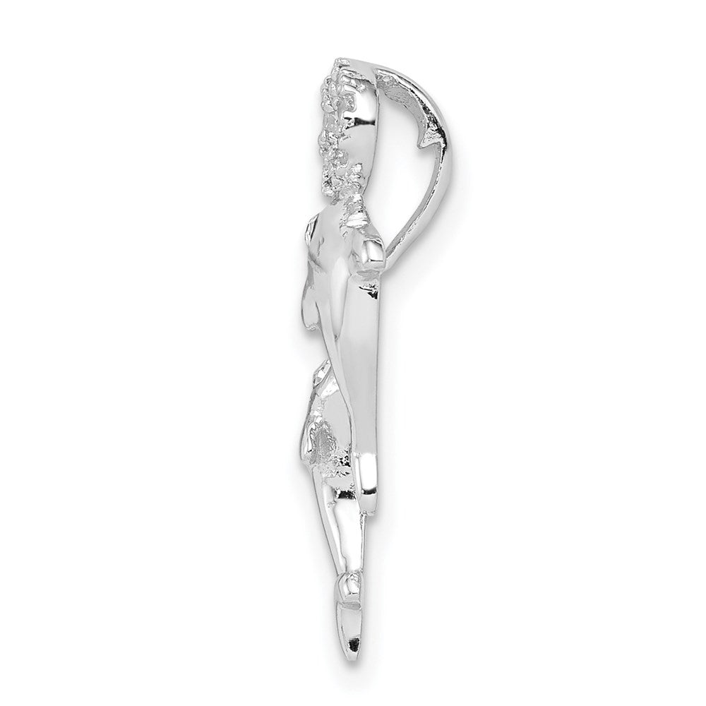Sterling Silver Rhodium-plated Crystal Two Dolphins Chain Slide