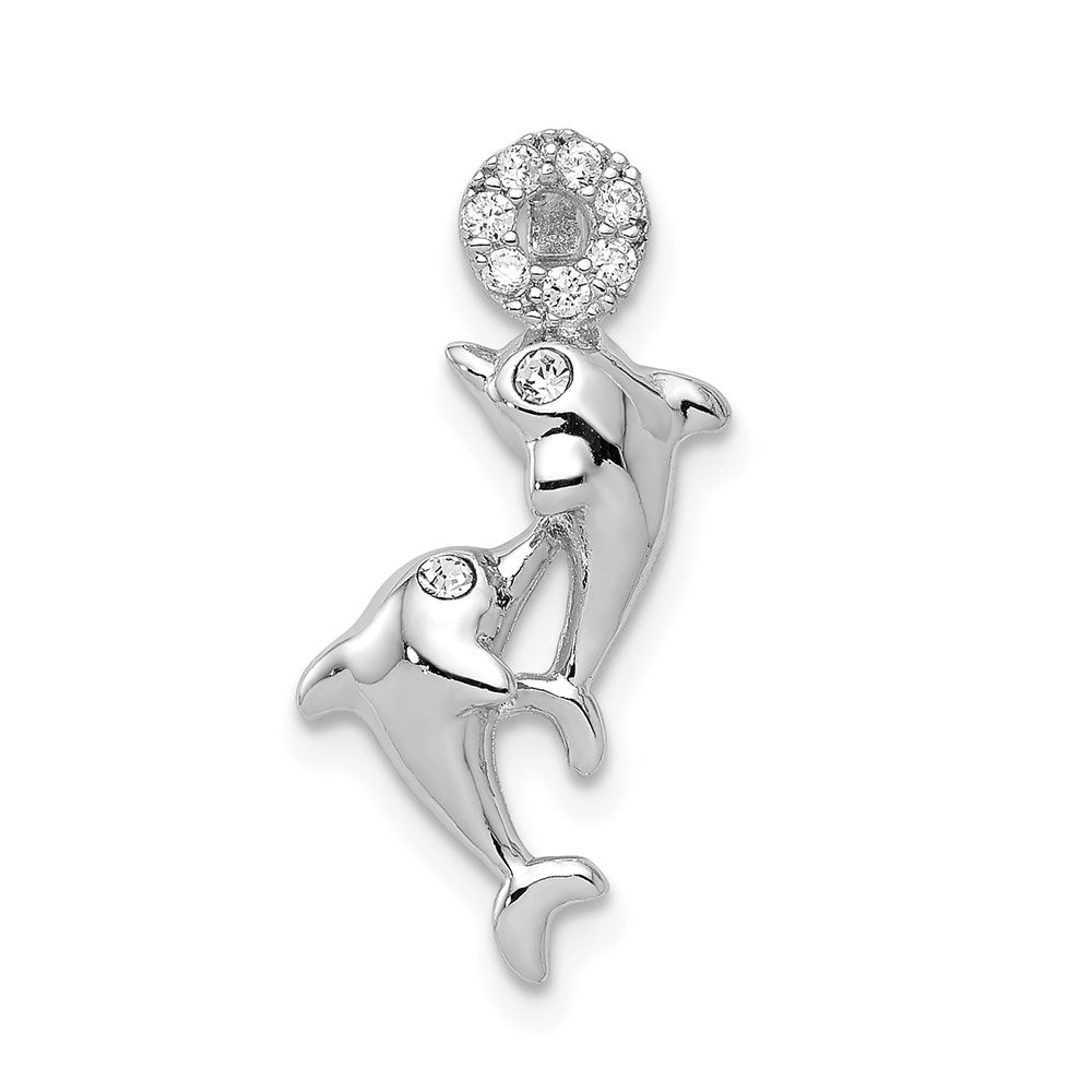 Sterling Silver Rhodium-plated Crystal Two Dolphins Chain Slide