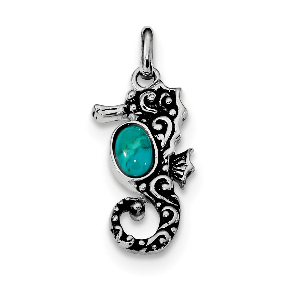 Sterling Silver Rhodium-plated Antiqued Reconconstructed Turquoise Seahorse Pendant