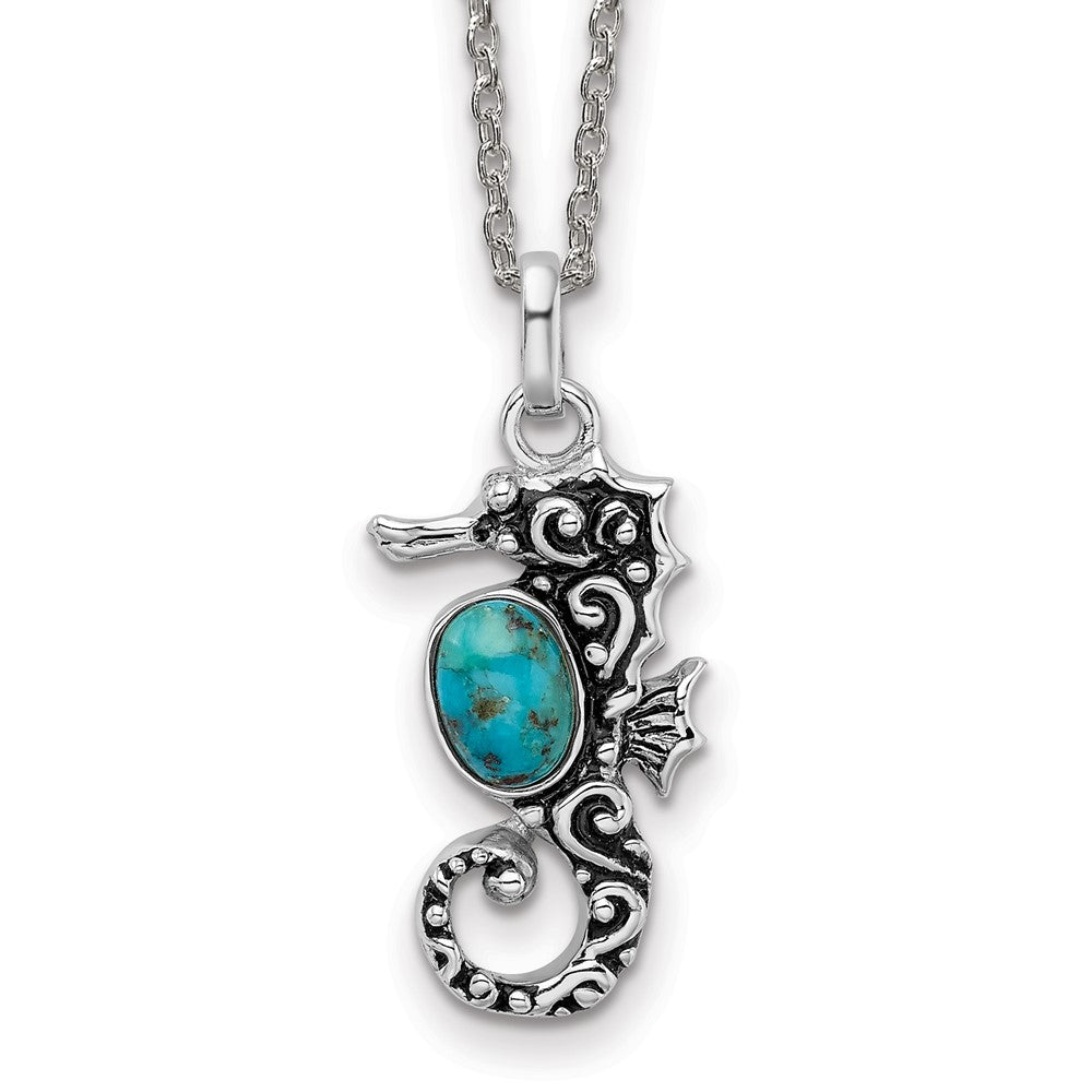 Sterling Silver Rhodium Oxidized Recon. Turquoise Seahorse Necklace