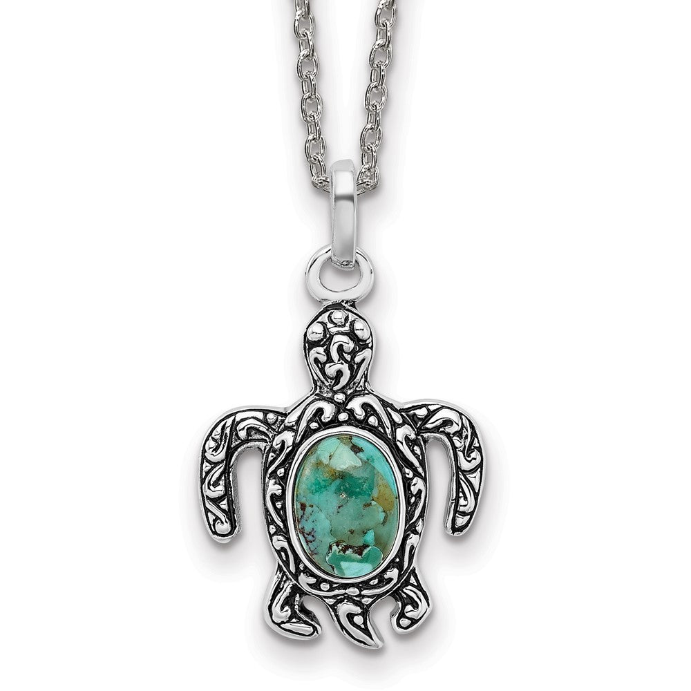 Sterling Silver Rhodium Oxidized Reconstituted Turquoise Turtle Necklace