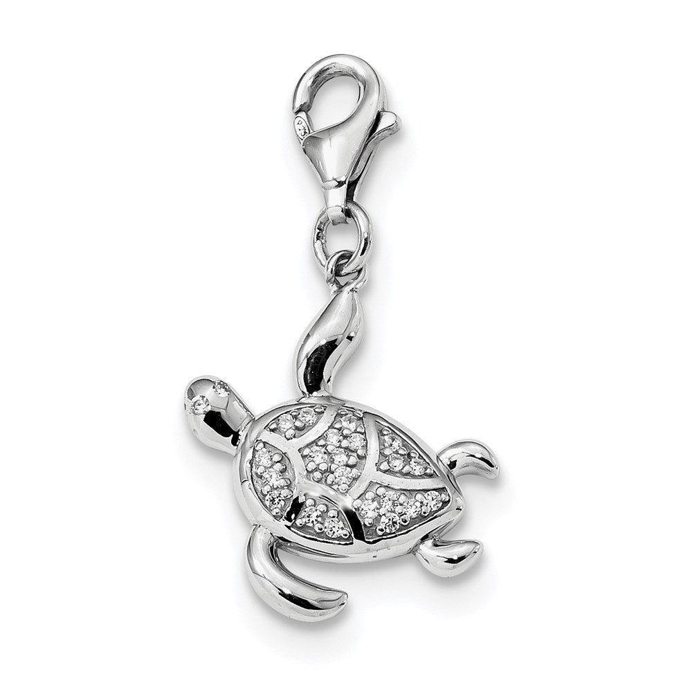 Sterling Silver Rhodium-plated CZ Sea Turtle with Lobster Clasp Charm