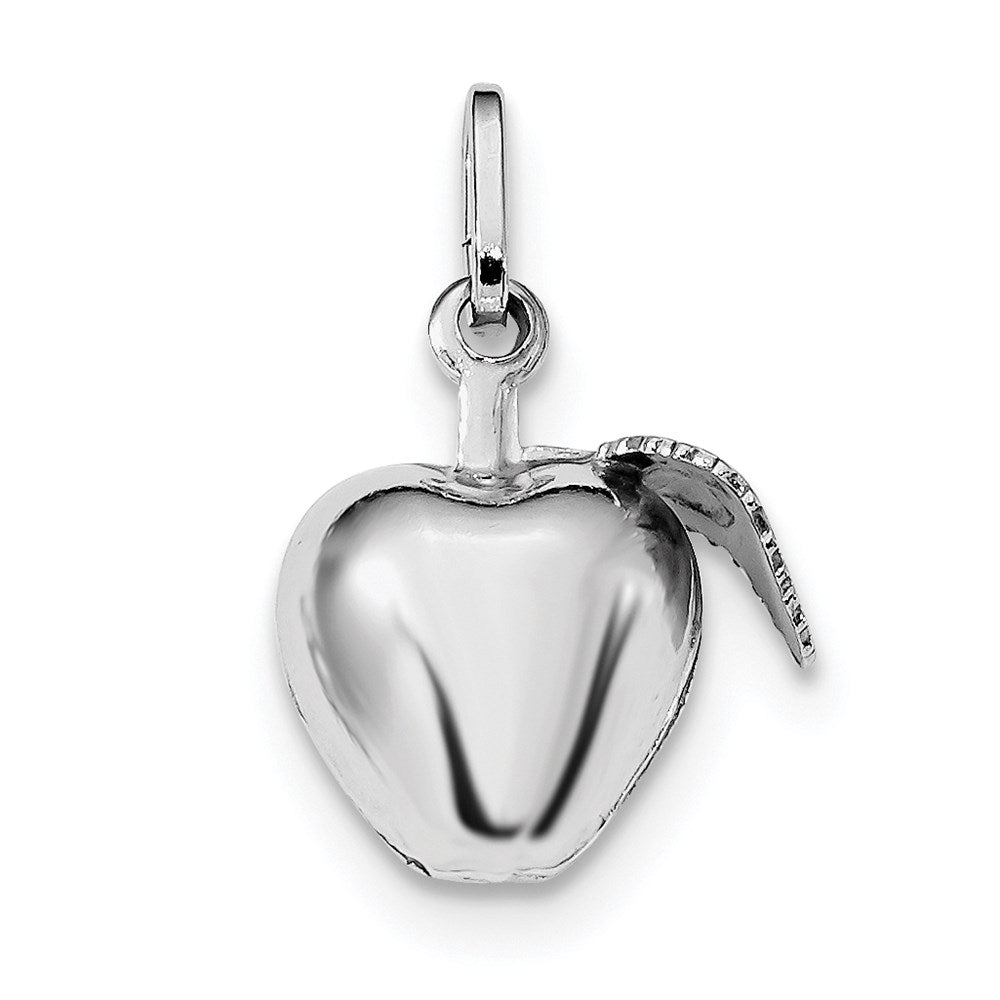 Sterling Silver Rhodium Plated Polished Puffed Apple w/ Leaf Charm