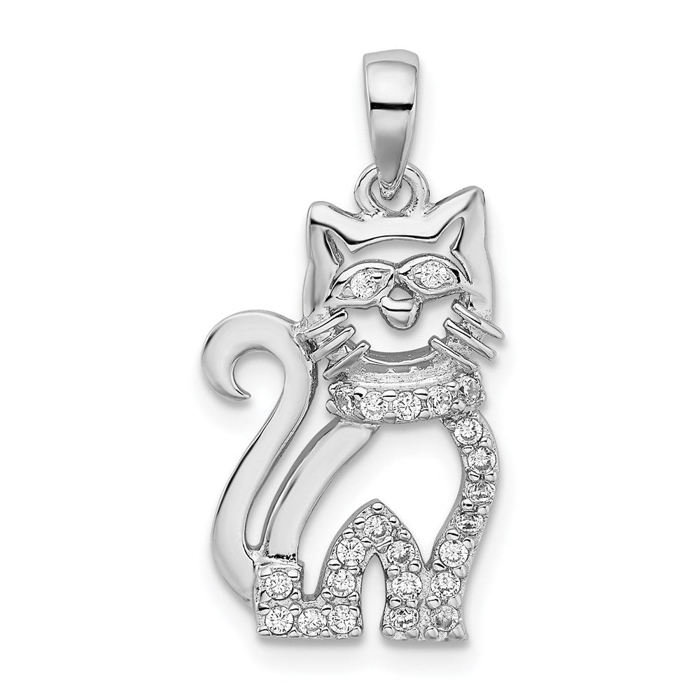 Sterling Silver Rhodium-plated CZ Cat Pendant