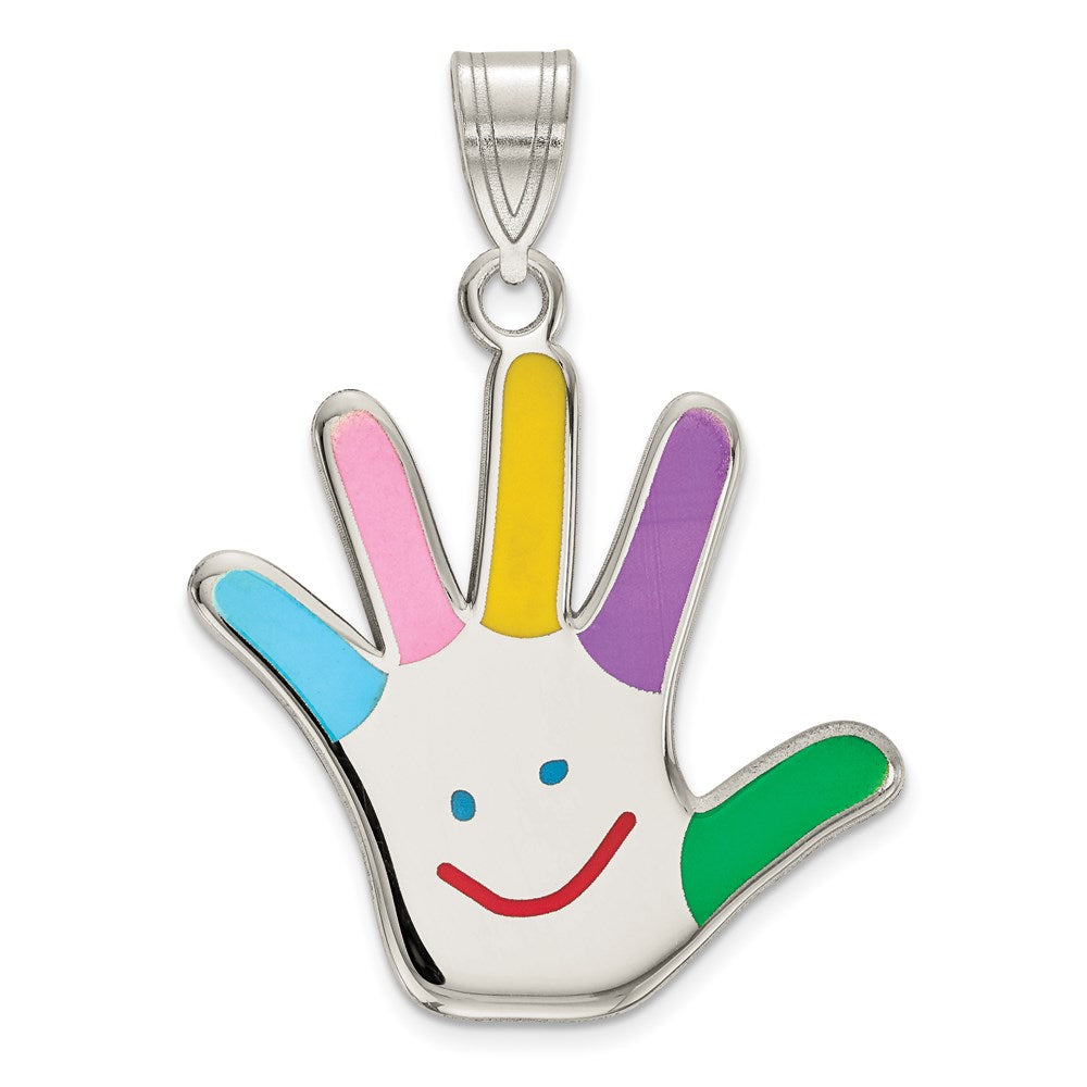 Sterling Silver Rhod-plate Enamel Autism w/Happy Face Handprint Pendant