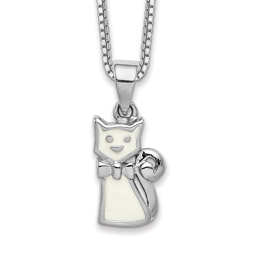 Sterling Silver Rhodium-plated Childs Enameled White Cat Pendant Necklace