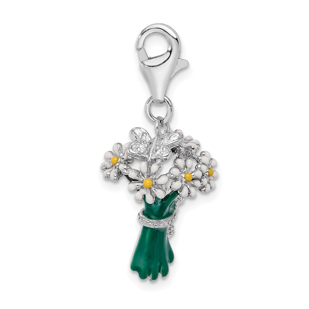 Amore La Vita Sterling Silver Rhodium-plated Polished 3-D Enameled Bouquet of Daisies Charm with Fancy Lobster Clasp