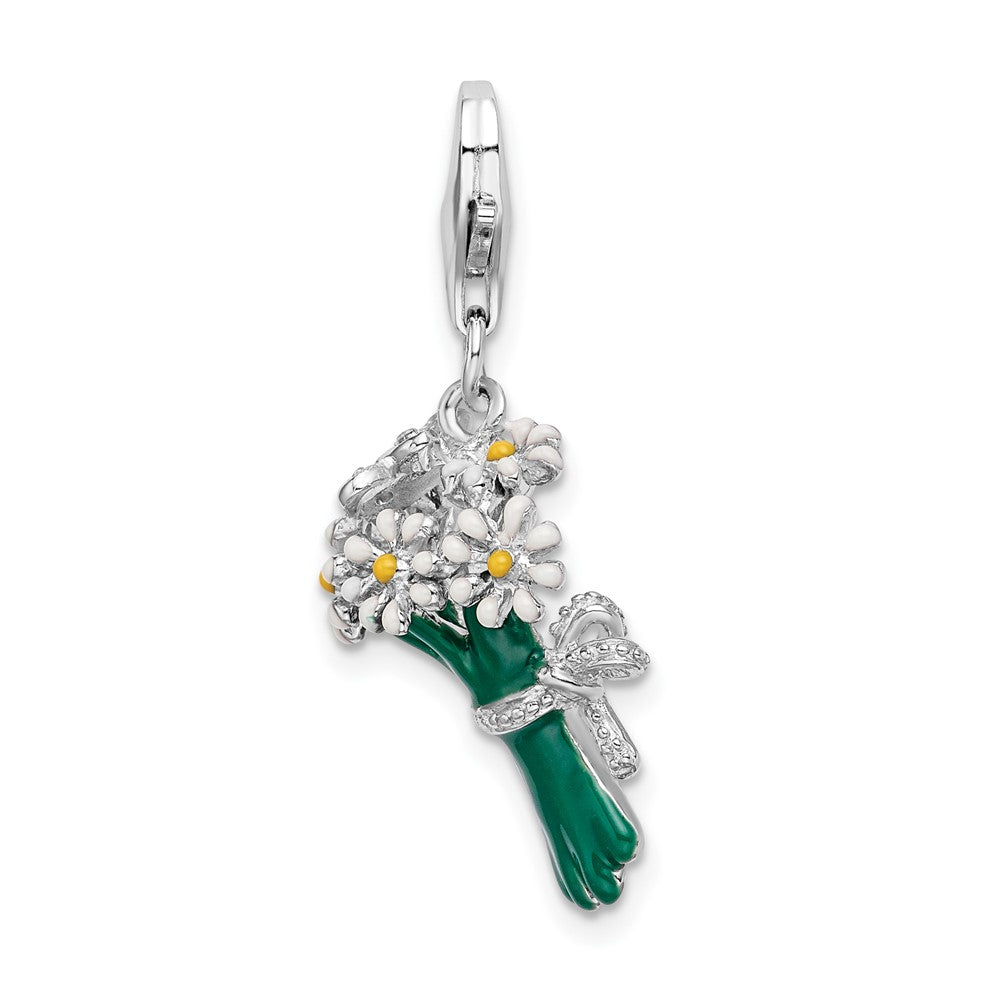Amore La Vita Sterling Silver Rhodium-plated Polished 3-D Enameled Bouquet of Daisies Charm with Fancy Lobster Clasp