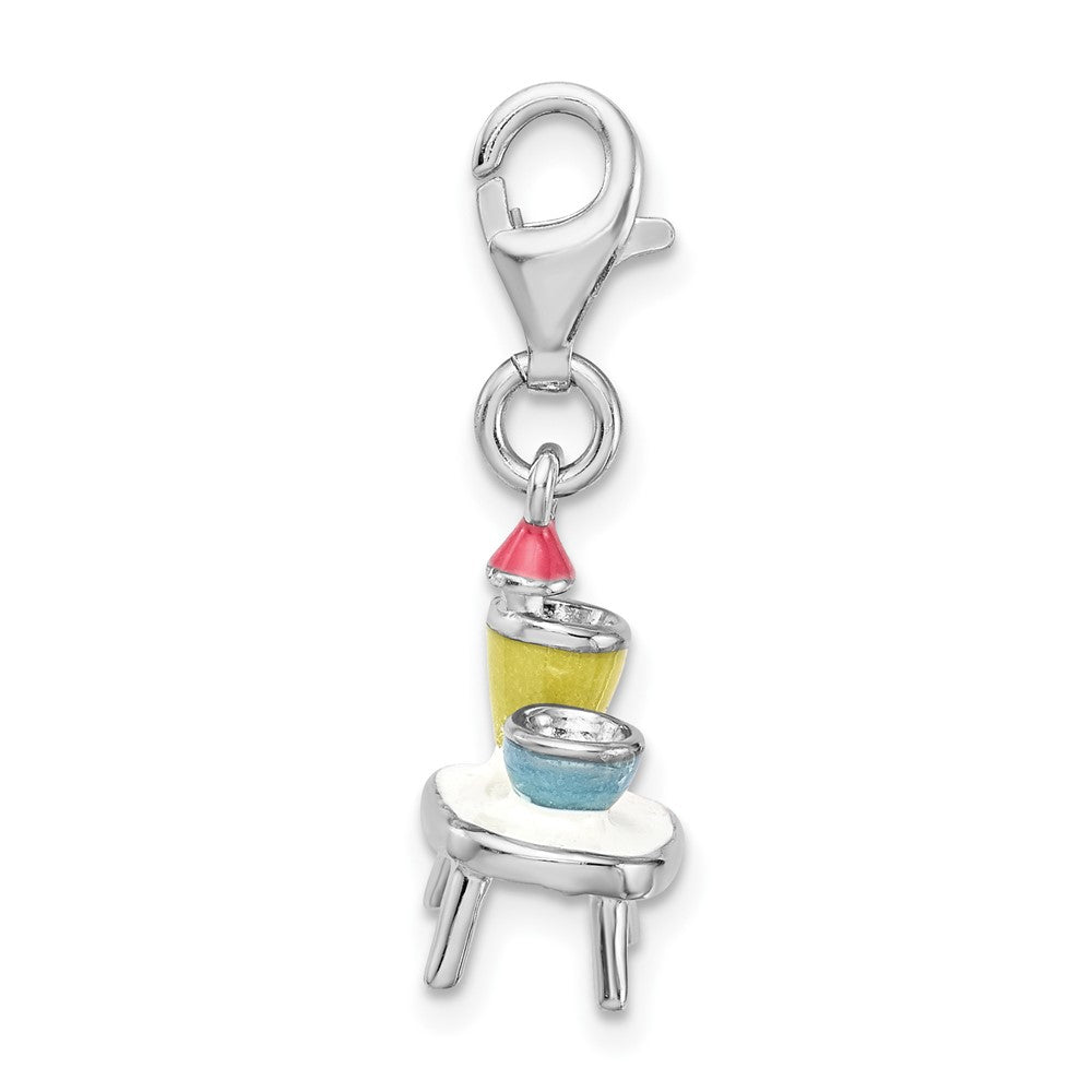 Amore La Vita Sterling Silver Rhodium-plated Polished 3-D Enameled Table and Bowls Charm with Fancy Lobster Clasp