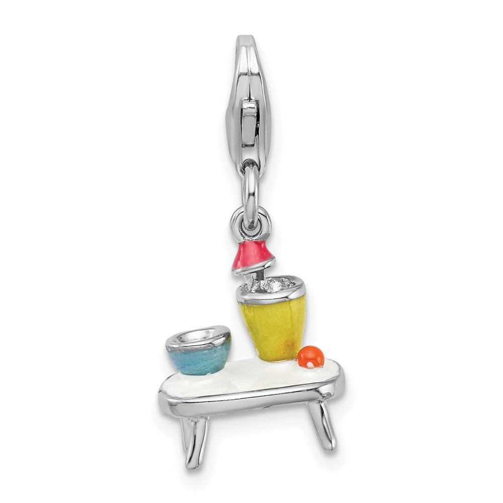 Amore La Vita Sterling Silver Rhodium-plated Polished 3-D Enameled Table and Bowls Charm with Fancy Lobster Clasp