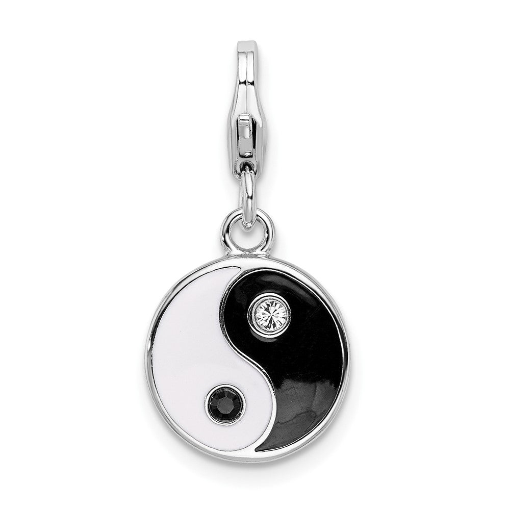 Amore La Vita Sterling Silver Rhodium-plated Polished Enameled Crystal Yin and Yang Charm with Fancy Lobster Clasp