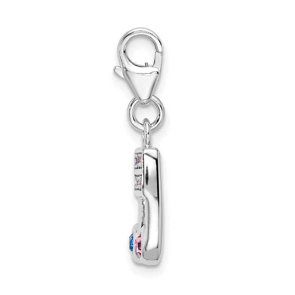 Amore La Vita Sterling Silver Rhodium-plated Polished Pink Blue and Yellow Crystal Music Note Charm with Fancy Lobster Clasp