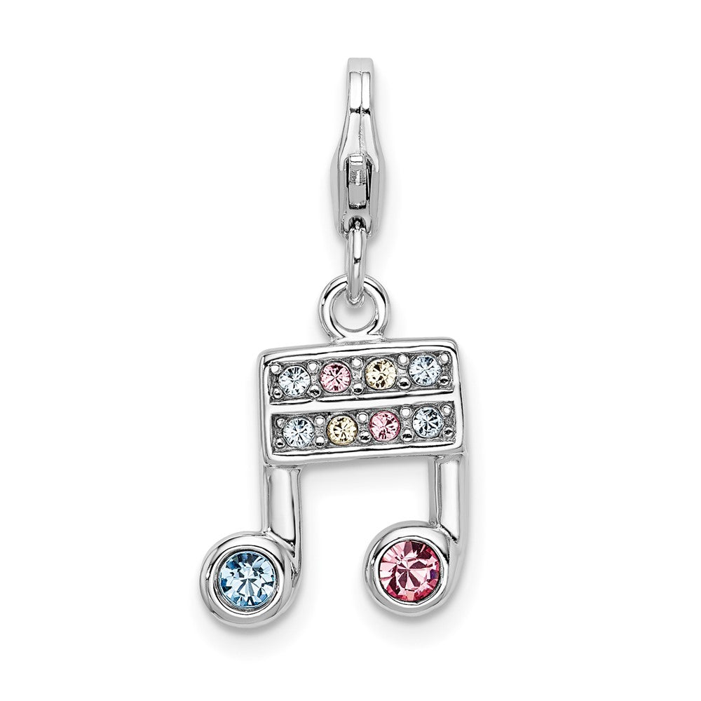 Amore La Vita Sterling Silver Rhodium-plated Polished Pink Blue and Yellow Crystal Music Note Charm with Fancy Lobster Clasp