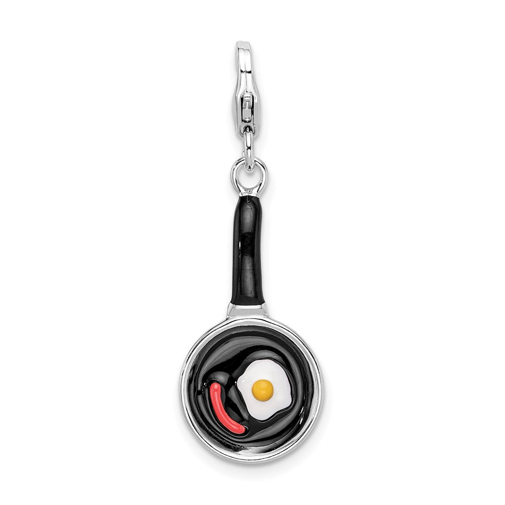 Amore La Vita Sterling Silver Rhodium-plated Polished 3-D Enameled Frying Pan with Food Charm with Fancy Lobster Clasp