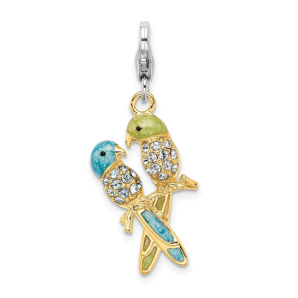 Amore La Vita Sterling Silver Rhodium-plated and Gold-plated Polished 3-D Glitter Enameled Crystal Love Birds Charm