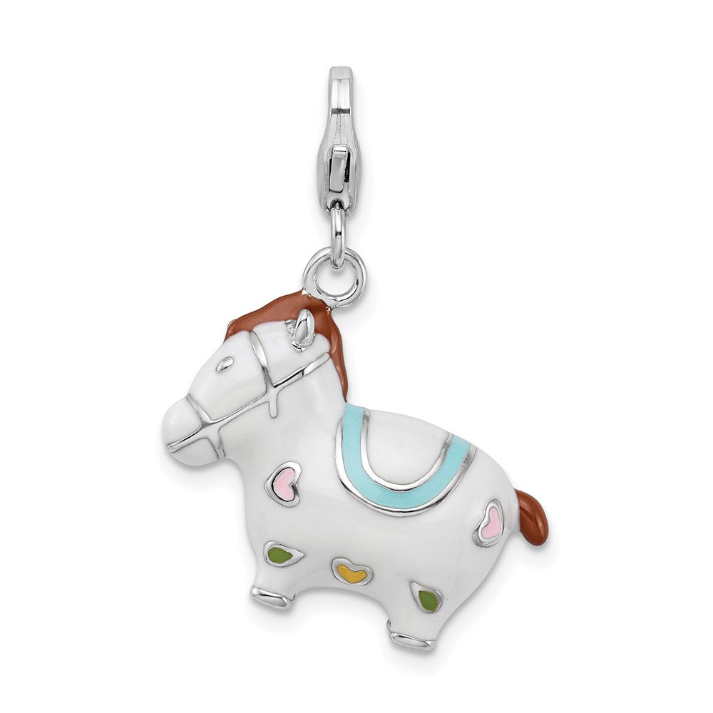 Amore La Vita Sterling Silver Rhodium-plated Polished 3-D Enameled Horse Charm with Fancy Lobster Clasp