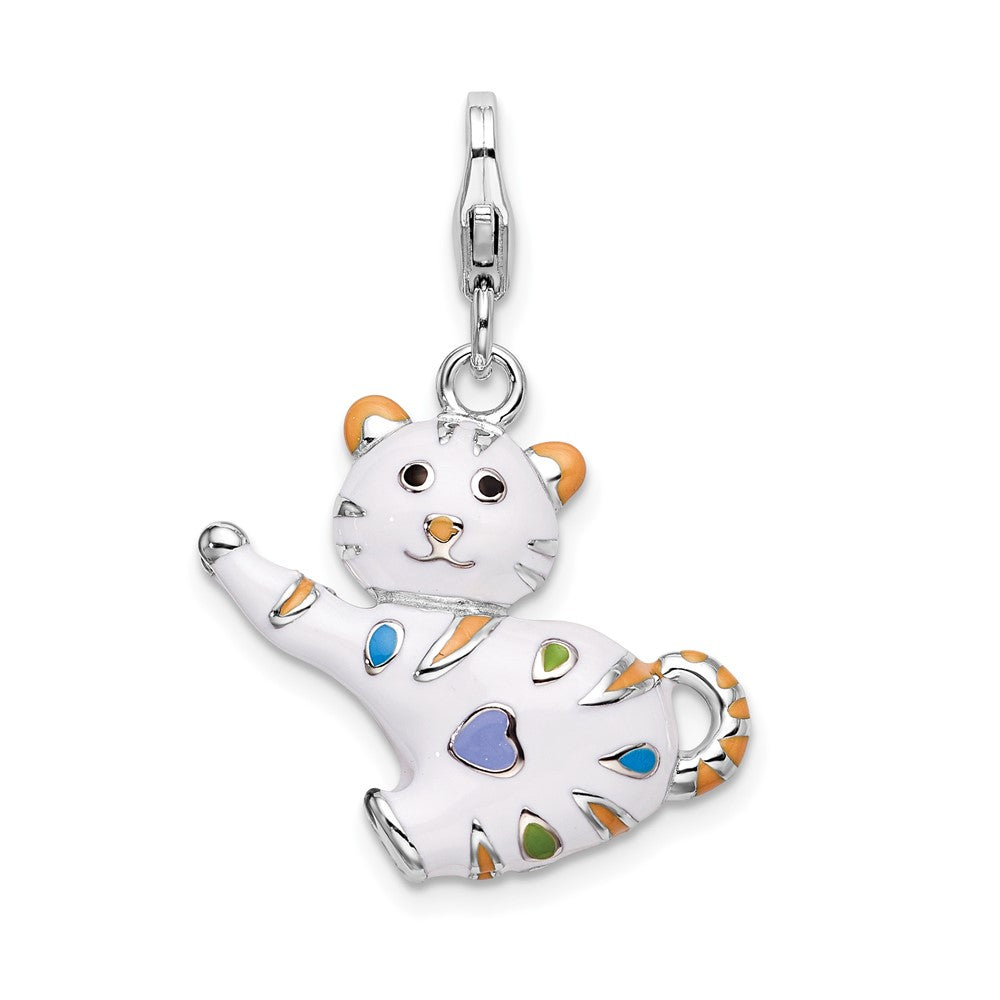 Amore La Vita Sterling Silver Rhodium-plated Polished 3-D Enameled Cat Charm with Fancy Lobster Clasp