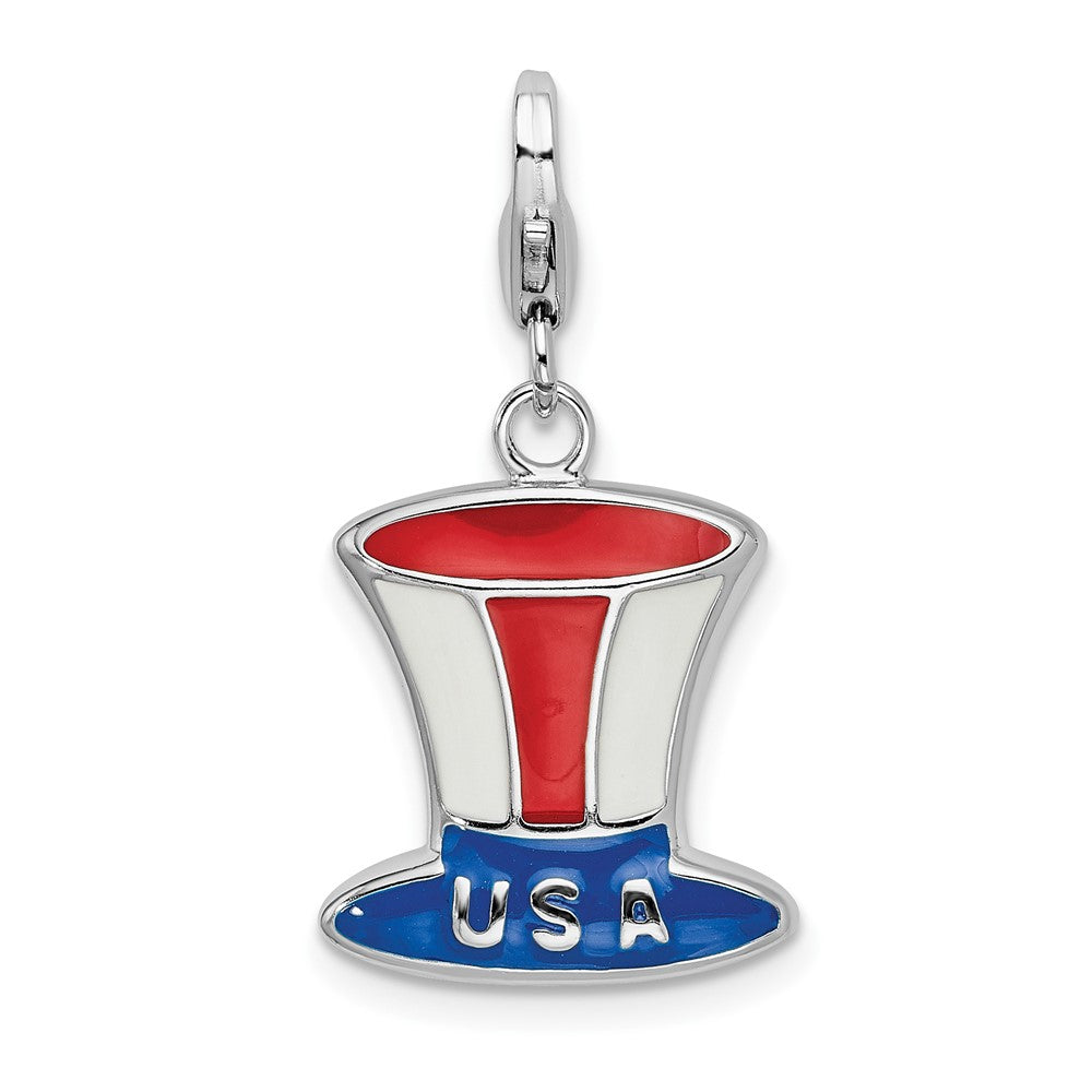 Amore La Vita Sterling Silver Rhodium-plated Polished Enameled USA Hat Charm with Fancy Lobster Clasp