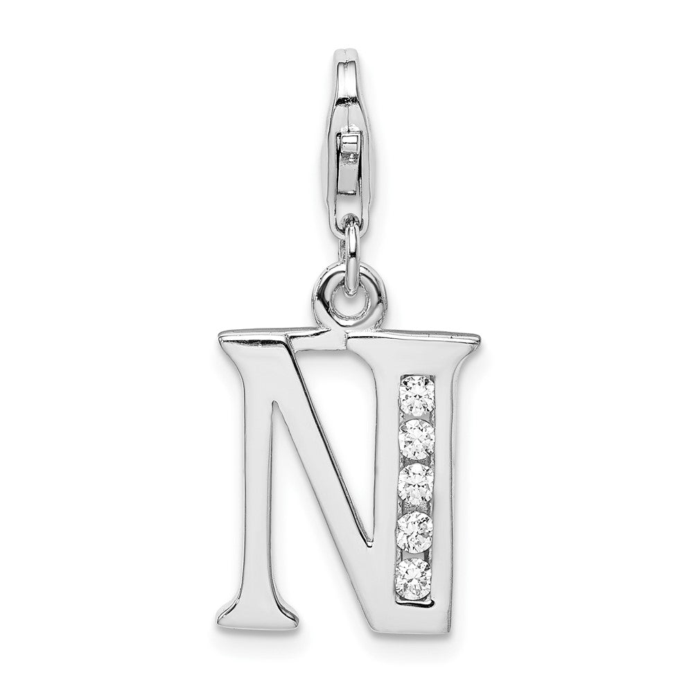 Amore La Vita Sterling Silver Rhodium-plated Polished CZ Letter N Initial Charm with Fancy Lobster Clasp