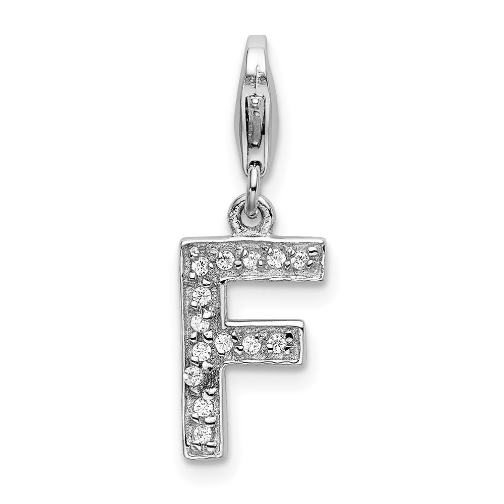 Amore La Vita Sterling Silver Rhodium-plated Polished CZ Letter F Initial Charm with Fancy Lobster Clasp