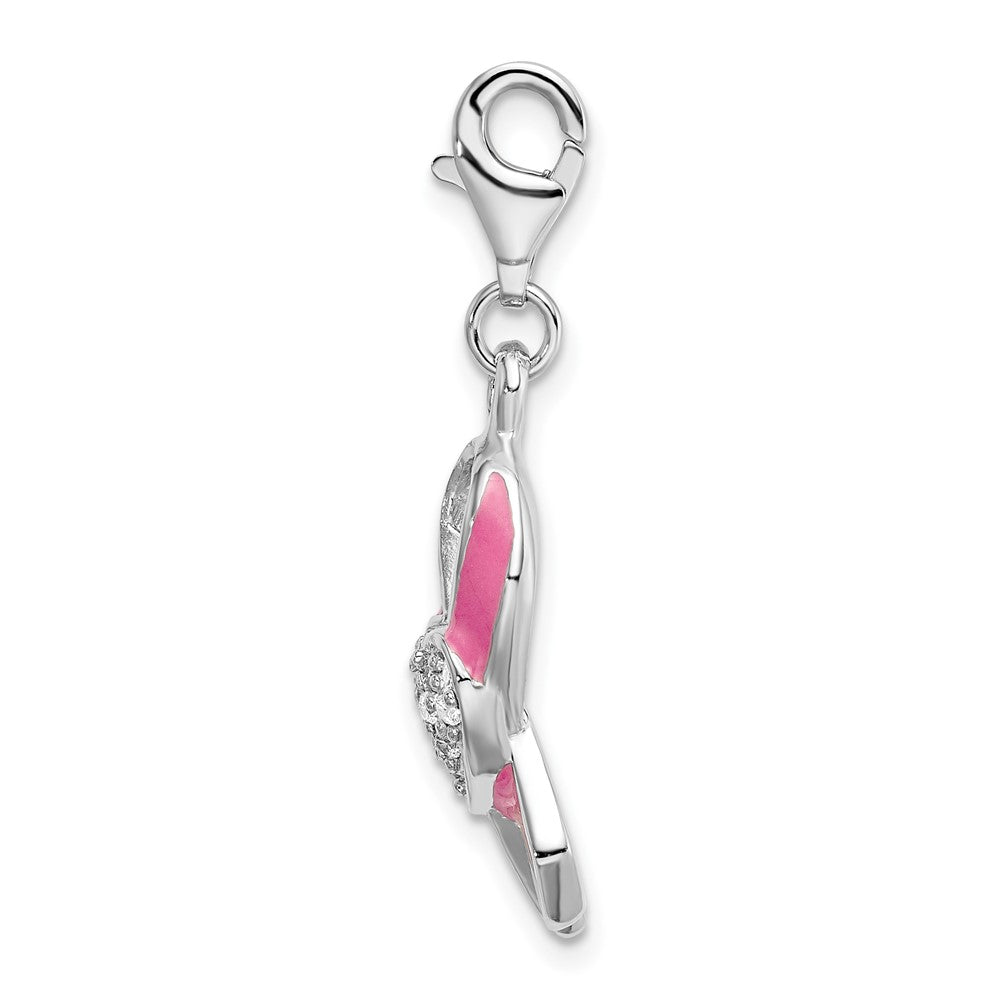 Amore La Vita Sterling Silver Rhodium-plated Polished 3-D Enameled With CZ Pink Awareness Ribbon and Heart Charm with Fancy Lobster Clasp